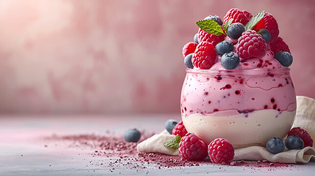Aesthetic Wide Pink Berry Yogurt Parfait Dessert Macro with Left Copy Space for Spring Summer Afternoon Tea Menus, Cafe Web Banners and Sweet Food Promos