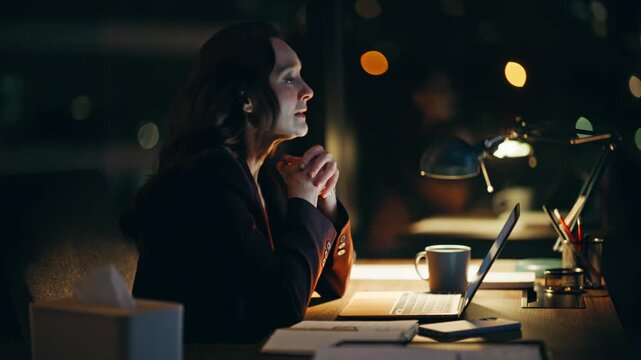Sobbing woman sitting late office closeup. Crying employee taking napkin alone