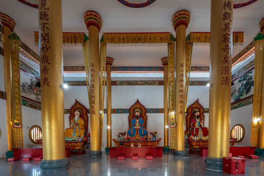 Guanyin statue standing on altar in buddhist temple
