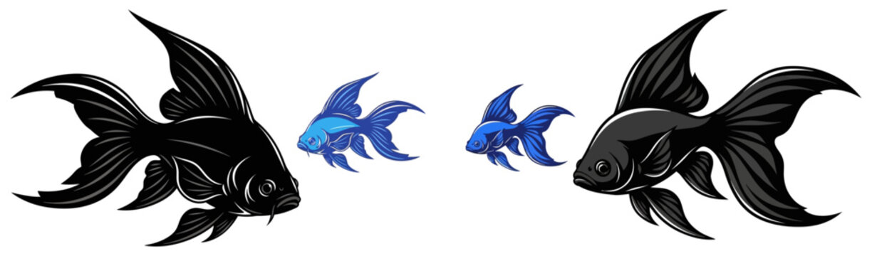 Black moor and blue oranda goldfish illustration set