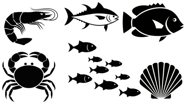 Black silhouette seafood icons shrimp tuna crab fish and shellfish