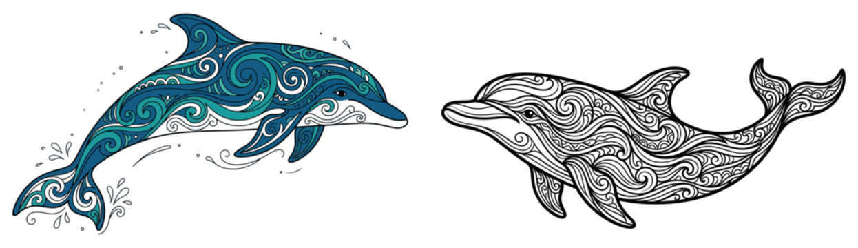 Intricate dolphin illustrations teal and monochrome zentangle designs