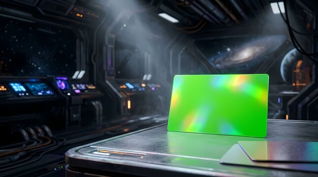 Green Screen Card on Sci-Fi Spaceship Bridge with Galaxy View