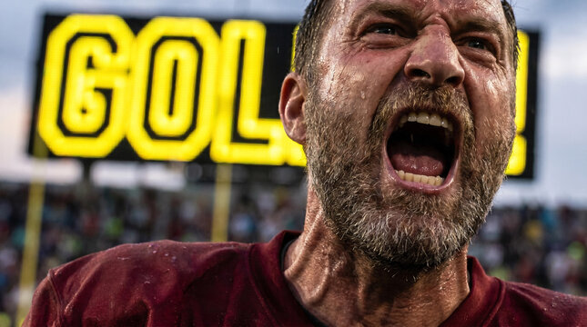 Man screaming in triumph with scoreboard in background