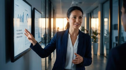 Fototapeta premium Professional Woman Presents Data Charts On Digital Display Screen In Modern Office Hallway