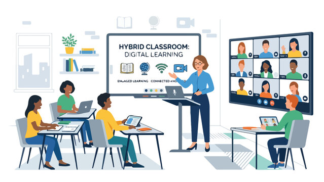 Teacher conducting a hybrid classroom with online and offline students, modern flat vector illustration, digital learning concept, white background