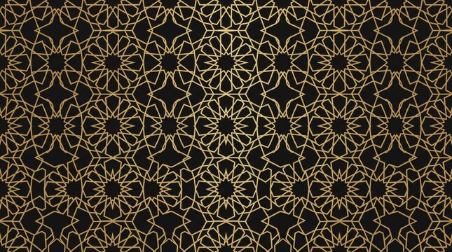 Arabic carpet pattern gold outline on black background with seamless ornamental decorative