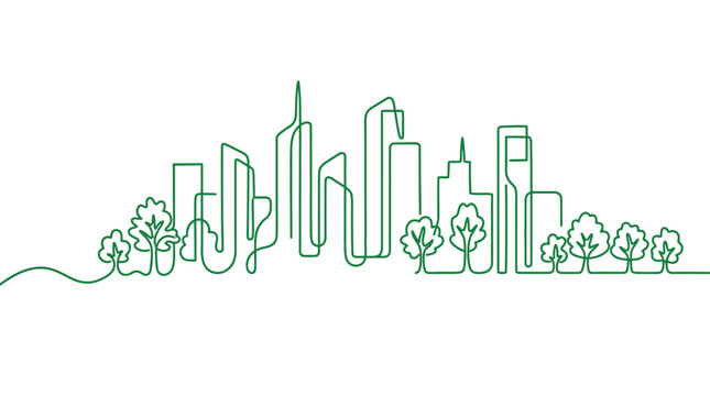 Continuous line drawing of a modern city skyline with trees.