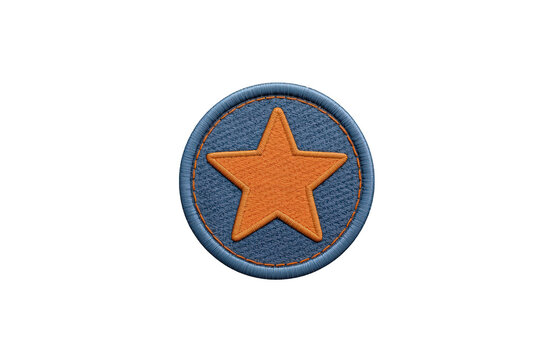 Circular denim patch featuring an embroidered orange star with stiching detail. A classic symbol of achievement or decoration