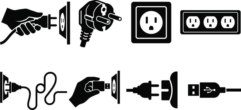 Electrical connection and power outlet icon vector set with wall sockets plugs usb adapters and extension strip symbols