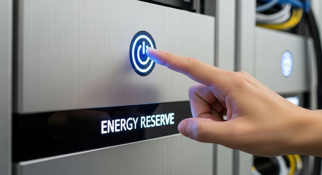 Energy reserve button pressed by hand for energy crisis solutions in modern technology device