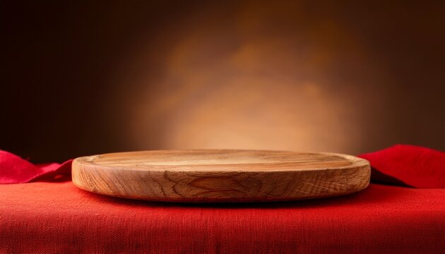 Empty Wooden Cake Stand On Warm Background With Red Napkin For Food Product Display Close Up Copy Space
