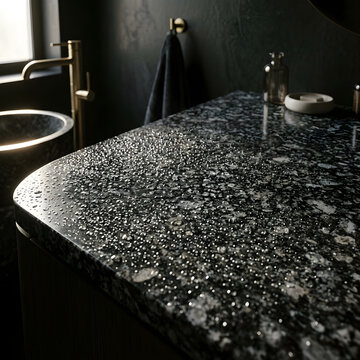 Polished diorite stone surface with water droplets reflecting moody bathroom lighting