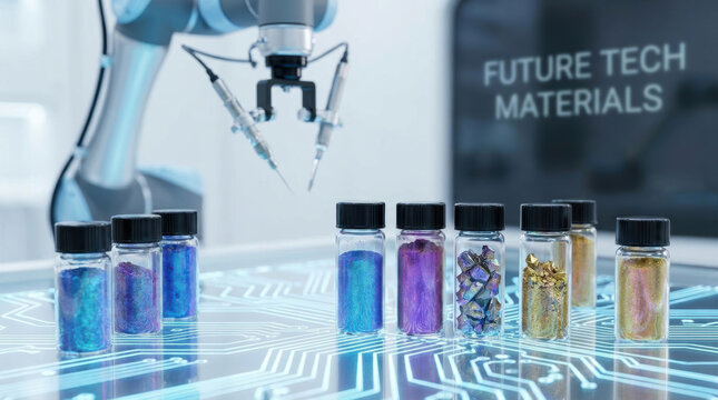 Rare earth elements in small glass bottles showcase future tech materials with robotic arm in high tech laboratory setting inspiring innovation