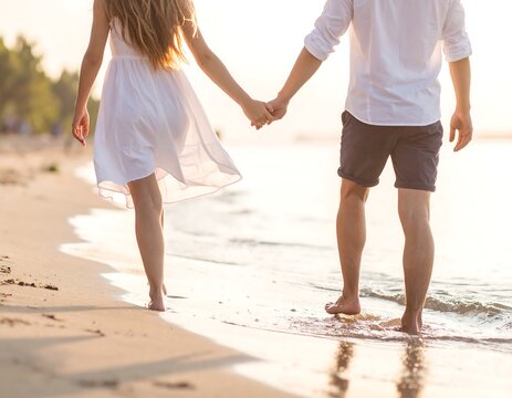A romantic couple walks hand in hand along the beach at sunset