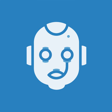 Modern Robot Head Vector Icon &ndash; Minimal Geometric AI Assistant Symbol, Blue Duotone Rounded Shapes, Futuristic Artificial Intelligence UI Design, Editable Stroke Illustration