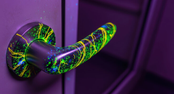 Antimicrobial resistance concept shown on door handle with glowing paint under UV light highlighting contamination risk and hygiene importance