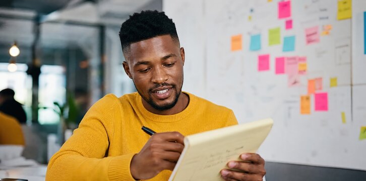 Generative AI, African American man writing notes in creative startup brainstorming office