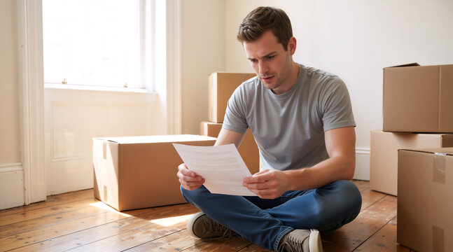 Worried young man reading document while sitting on floor with moving boxes. Stressed male tenant reviewing lease agreement or bills in new apartment. Relocation and financial anxiety concept
