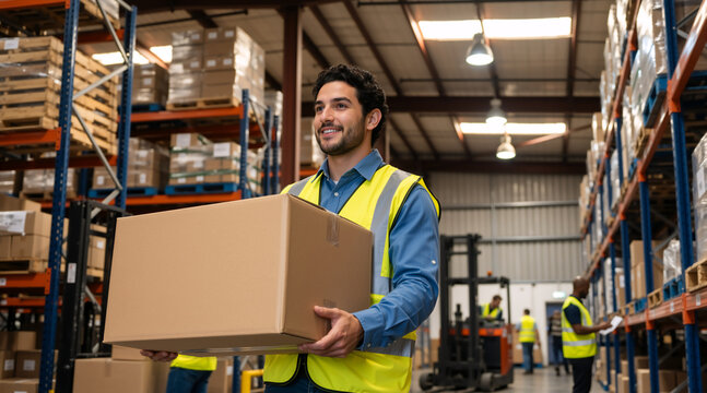 Smiling male warehouse worker carrying a large cardboard box. Logistics employee in high-visibility safety vest at distribution center. Supply chain and shipping concept