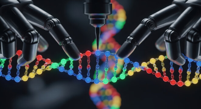 Gene editing therapies shown with robotic hands manipulating colorful DNA strand, symbolizing advanced biotechnology and futuristic medicine