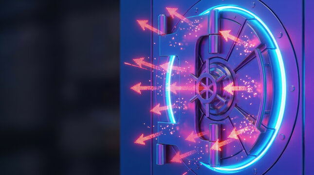 Secure vault door with glowing neon ring online scam prevention visual metaphor showing arrows escaping digital breach