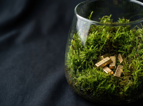 Gold bar savings plan concept with small gold bars placed on green moss inside glass container symbolizing wealth growth and investment security