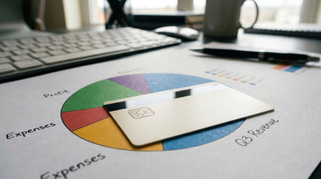 Credit card on financial report with pie chart showing expenses and profit for savings plan management and budget control
