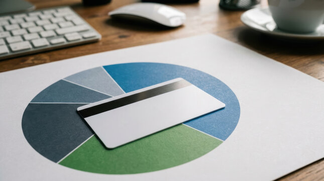Credit card on pie chart paper on wooden desk with keyboard mouse and coffee cup showing savings plan concept