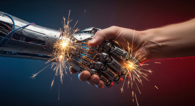 Human hand shaking robot hand with sparks flying symbolizing us china trade tensions and technological connection