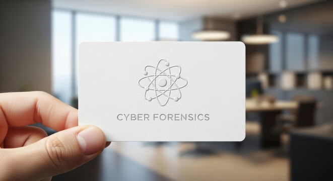 Cybersecurity quantum threats concept with hand holding white card showing atom symbol and text cyber forensics in blurred office background