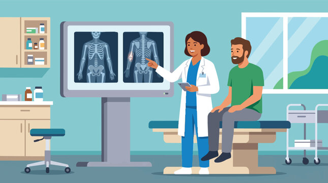 Medical professional discussing X-ray images with a patient in a modern clinic