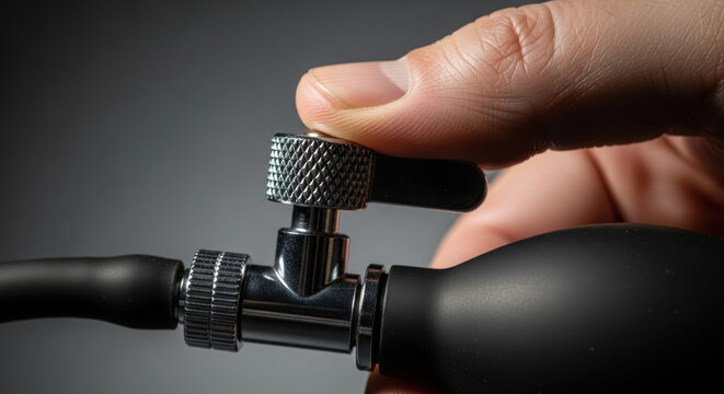 Hand adjusting metal valve on black rubber tube closeup showing control for diabetes medical device with smooth skin fingers in soft light
