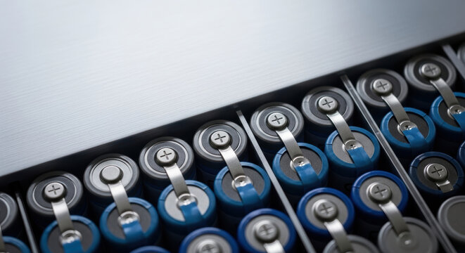 Electric battery manufacturing technology power energy industry close up metal connection blue component equipment production modern cell
