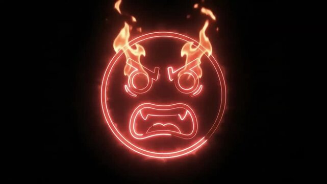 Intense neon rage mode face animation with red flame particles for gaming channel