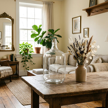 Empty glass carboy and dried flowers on rustic oak table