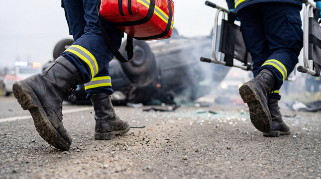 Emergency responders with medical bag and stretcher walking toward overturned vehicle after serious road traffic accident with smoke and debris at crash scene, close-up of first responders' boots