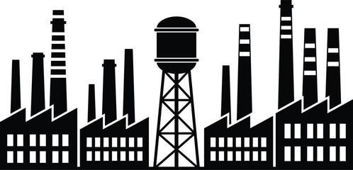 Obraz premium Black Industrial Factory Icon Illustration with Water Tower and Chimneys Isolated on Gray Background Design