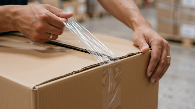 Close up of hands sealing a cardboard box with clear adhesive packing tape. Shipping and packaging process in a warehouse. Logistics and moving concept