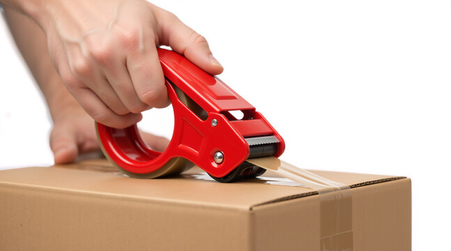 Close up of hand sealing a cardboard box with a red tape dispenser. Packaging and shipping concept. Moving house or e-commerce delivery on white background