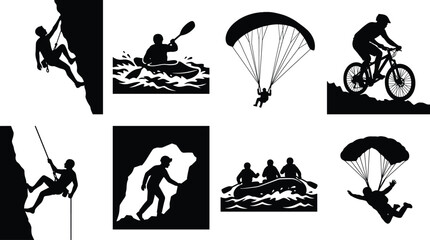 Extreme sports and outdoor adventure vector silhouette set featuring rock climbing, mountain biking, kayaking, and skydiving. © Rokon