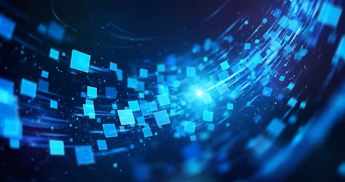 Abstract technology background with digital data network, blue light particle square motion, cyber connection in cyberspace innovation, futuristic speed and flowing data squares motion