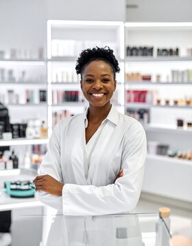 A smiling woman with short black hair wearing a white lab coat stands confidently with her arms crossed in a well-lit store