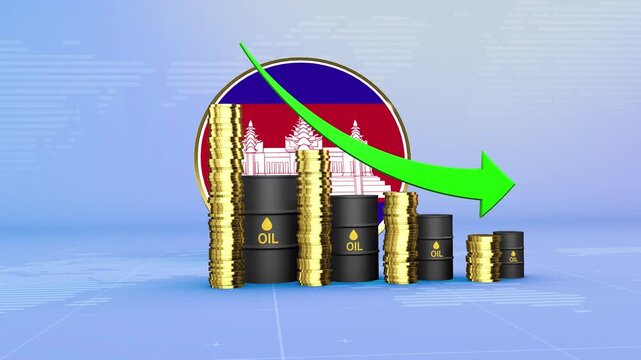 Cambodia Oil Prices Decline with Oil Barrels, Gold Coins and Downward Green Arrow, 3D Economic and Financial Market Concept