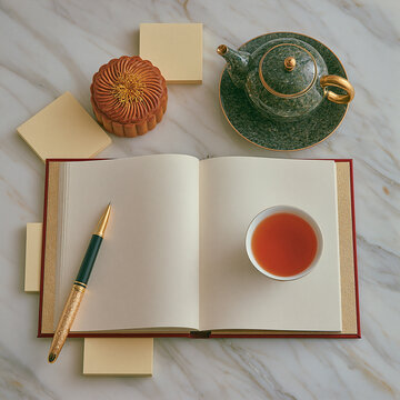 Mooncake Tea Still Life with Notebook on Marble Flat Lay