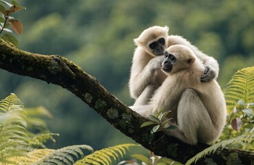 Fototapeta premium Close Up Lar Gibbon Grooming Companion on Rainforest Tree Branch, Authentic Social Wildlife Moment