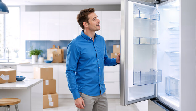 Young man looking inside an empty refrigerator in a new kitchen. Male homeowner opening fridge in modern apartment with cardboard moving boxes. Relocation concept