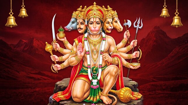 Hanuman, Indian god Hanuman ji wallpaper 3d Illustration with mountains God Bajrangbali poster design for wallpaper Mandir Temple panchmukhi hanuman