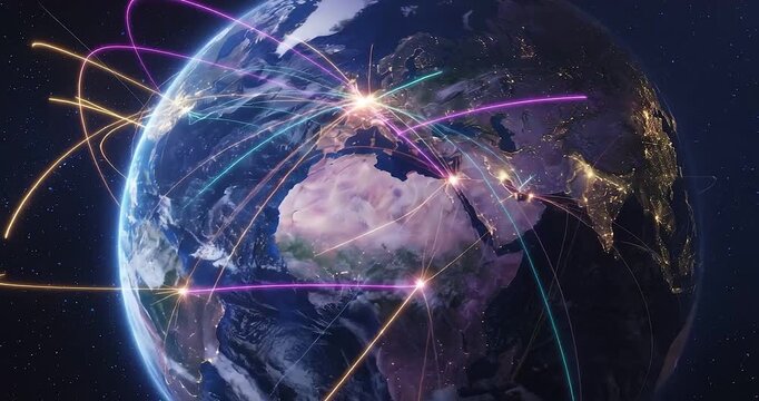 Global network earth connection data communication internet satellite technology world planet from space, glowing lines over Europe Africa Asia and Middle East night showing digital data links
