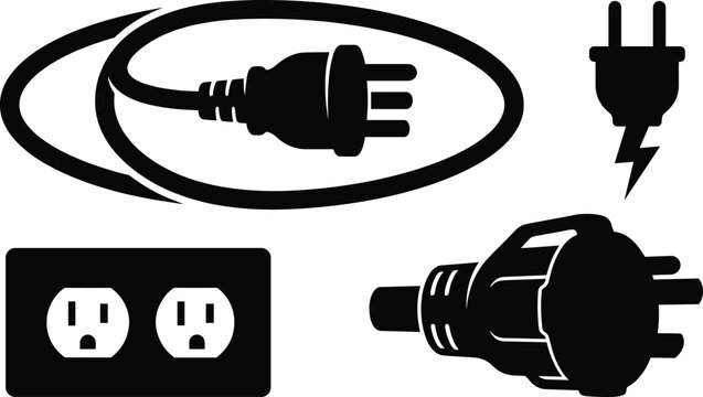 Power cable extension wire vector icon set with dual wall socket outlet lightning spark plug and high voltage connector symbols